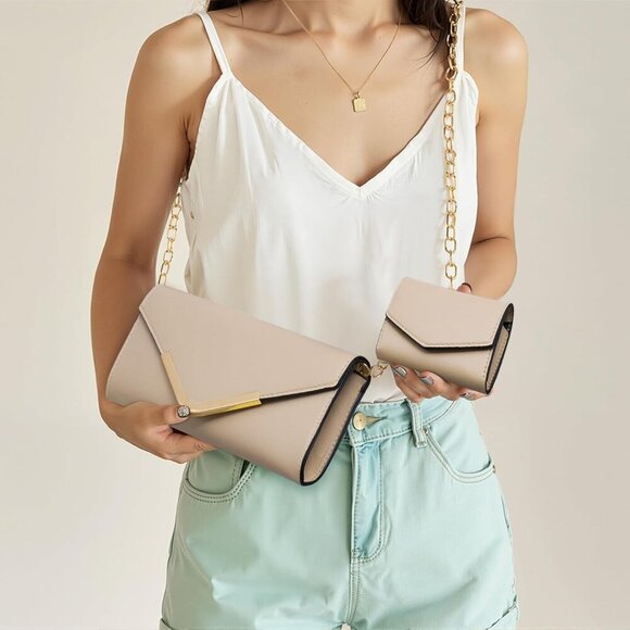 Leather 2-Piece Envelope Clutch & Wallet Set Chain Strap Evening Party Bag - Picture 2 of 7